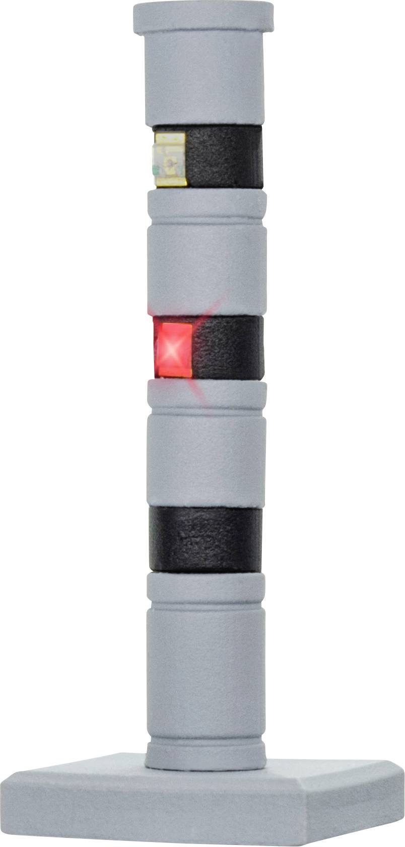Gray industrial tower beacon light on a square base, with one red illuminated segment near the middle
