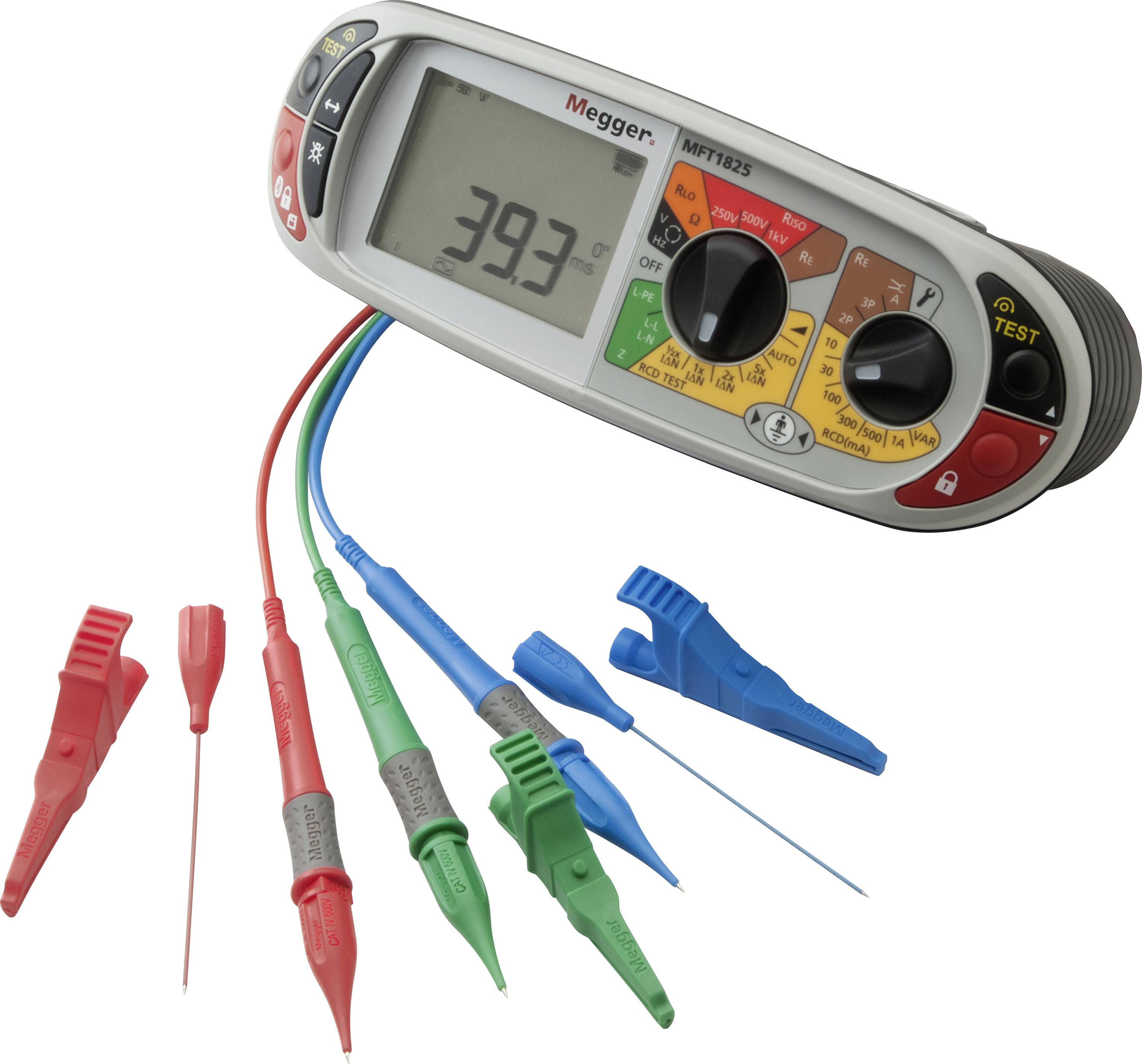 Megger electrical tester with digital display and connected color-coded test leads and probes on a white background.