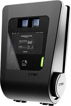 Wall-mounted CTEK EV charger with a screen prompting 'Authenticate to start' and a visible RFID/NFC scan area.