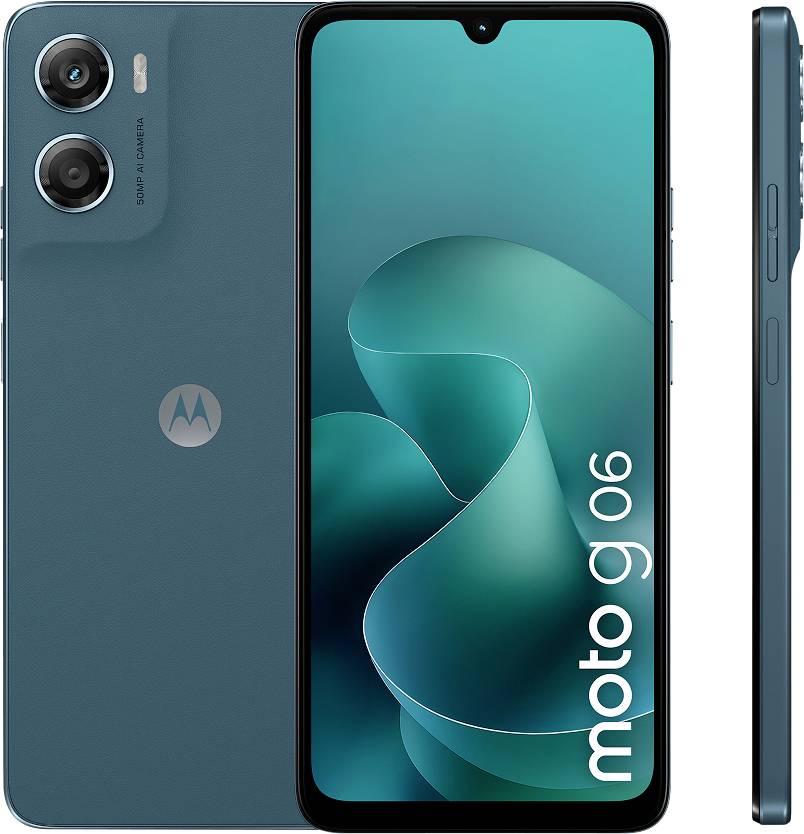 Teal Motorola smartphone shown front, back, and side views, with dual rear cameras and a centered front display displaying the Motorola logo.