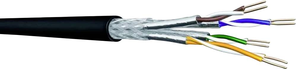 Cutaway of a multi-core electrical cable showing colored insulated wires inside a black outer sheath.