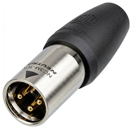 Close-up of a Neutrik XLR male audio connector with a black rubber housing and three-pin metal plug