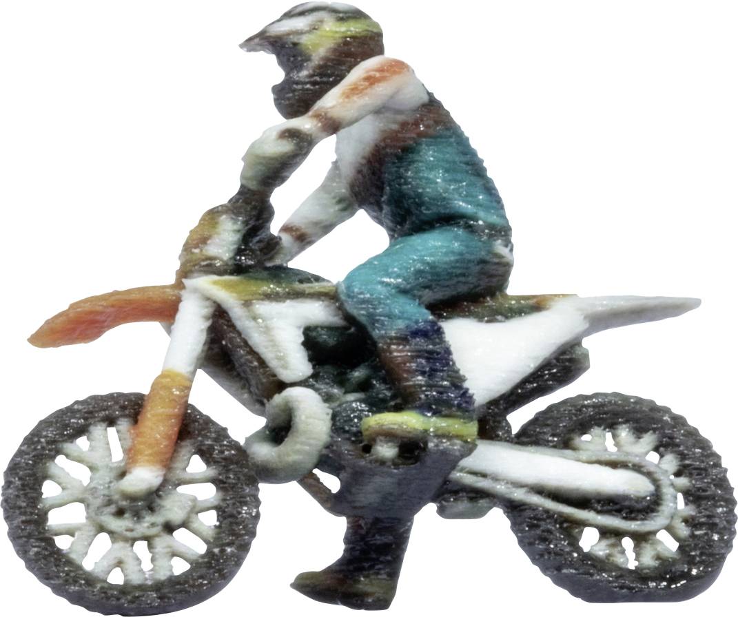 Miniature figure of a rider on a dirt bike, viewed from the side on a white background.