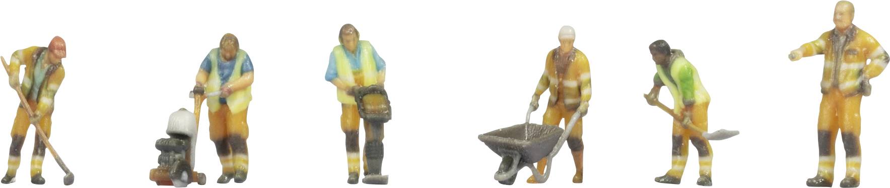 Row of six miniature construction workers in safety vests using tools and wheelbarrows, showing different labor poses on a white background.