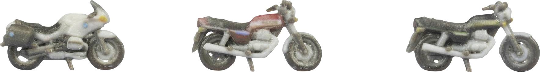 Three vintage motorcycles shown in side view on a white background, each with a different paint color and style.