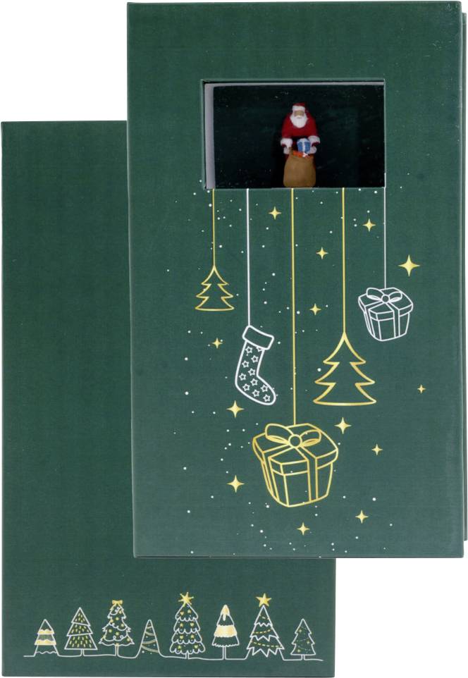 Green holiday card with a small Santa figure in a top window and hanging Christmas decorations: trees, stocking, and presents.