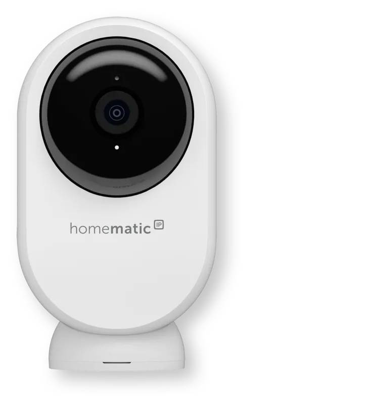White Homatic IP security camera with a large black lens on a small stand, shown front view on a plain background.