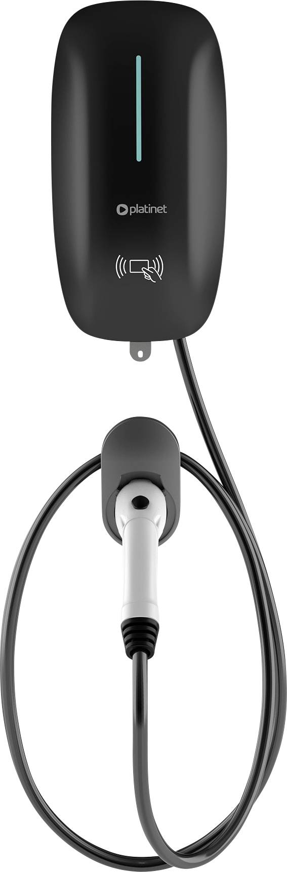 Wall-mounted black electric vehicle charging station with a plugged-in charging cable and connector.