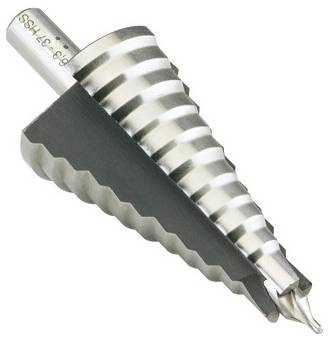 Metal step drill bit with graduated cutting edges and a silver shank, shown isolated on a white background.