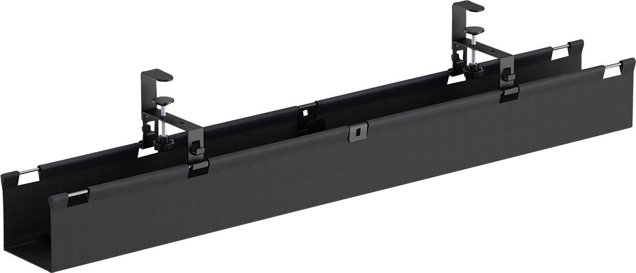 Black metal desk cable tray with clamp-on brackets, used to organize and hide cords beneath a tabletop.