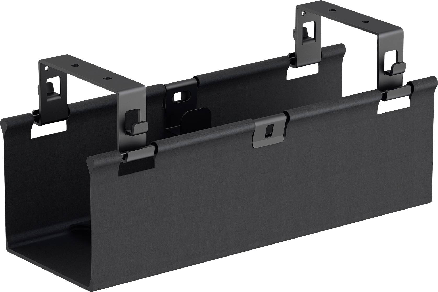 Black rectangular metal wall-mounted cable management box with two hinged bracket arms on top.