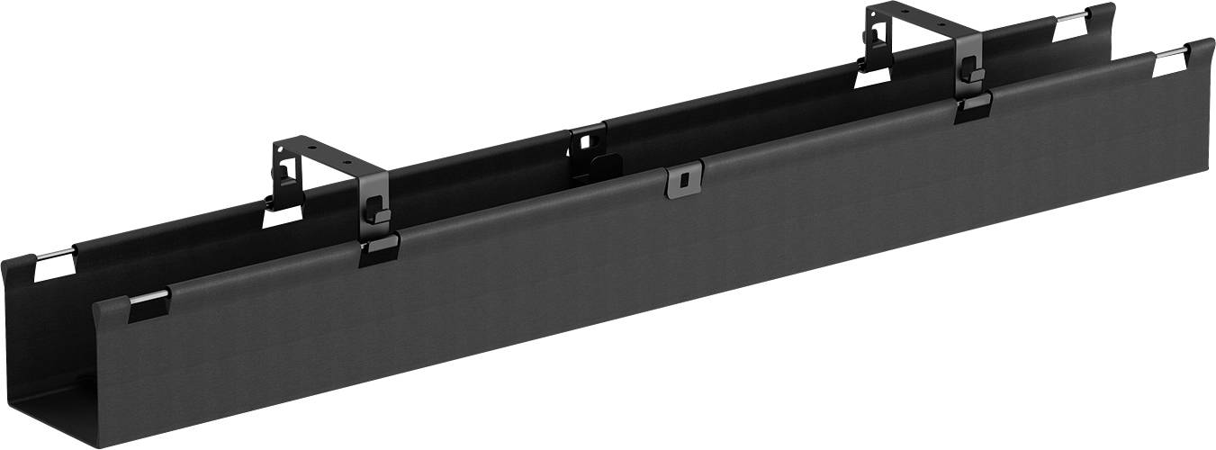 Black rectangular metal wall-mounted trough or tray with bracket clips along the top edge, shown on a white background.