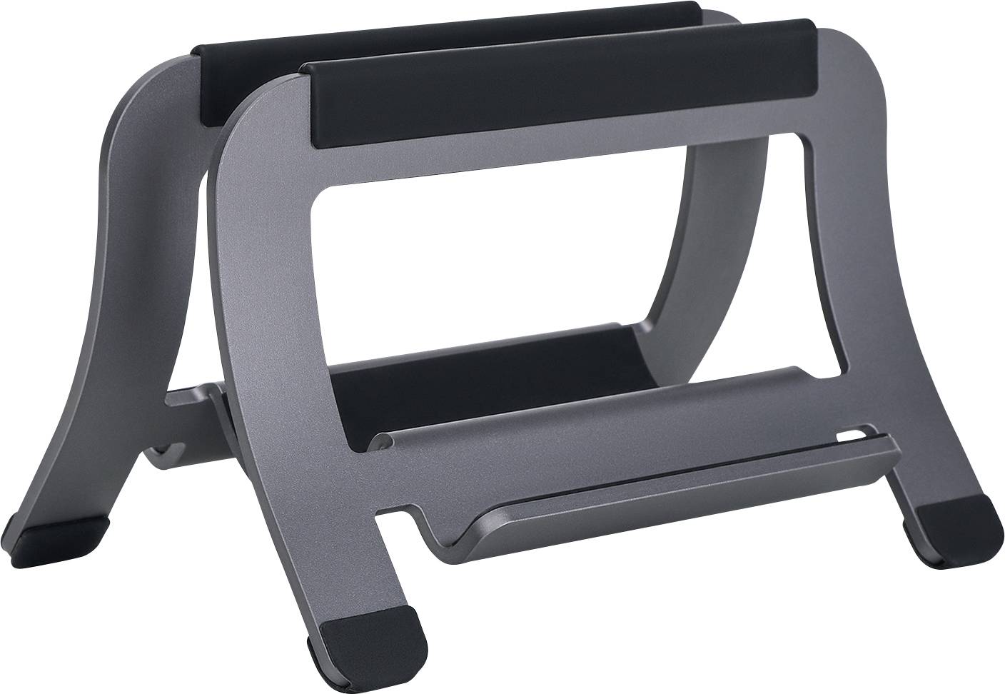 Gray folding laptop stand with black rubber grips, shown open on a white background.