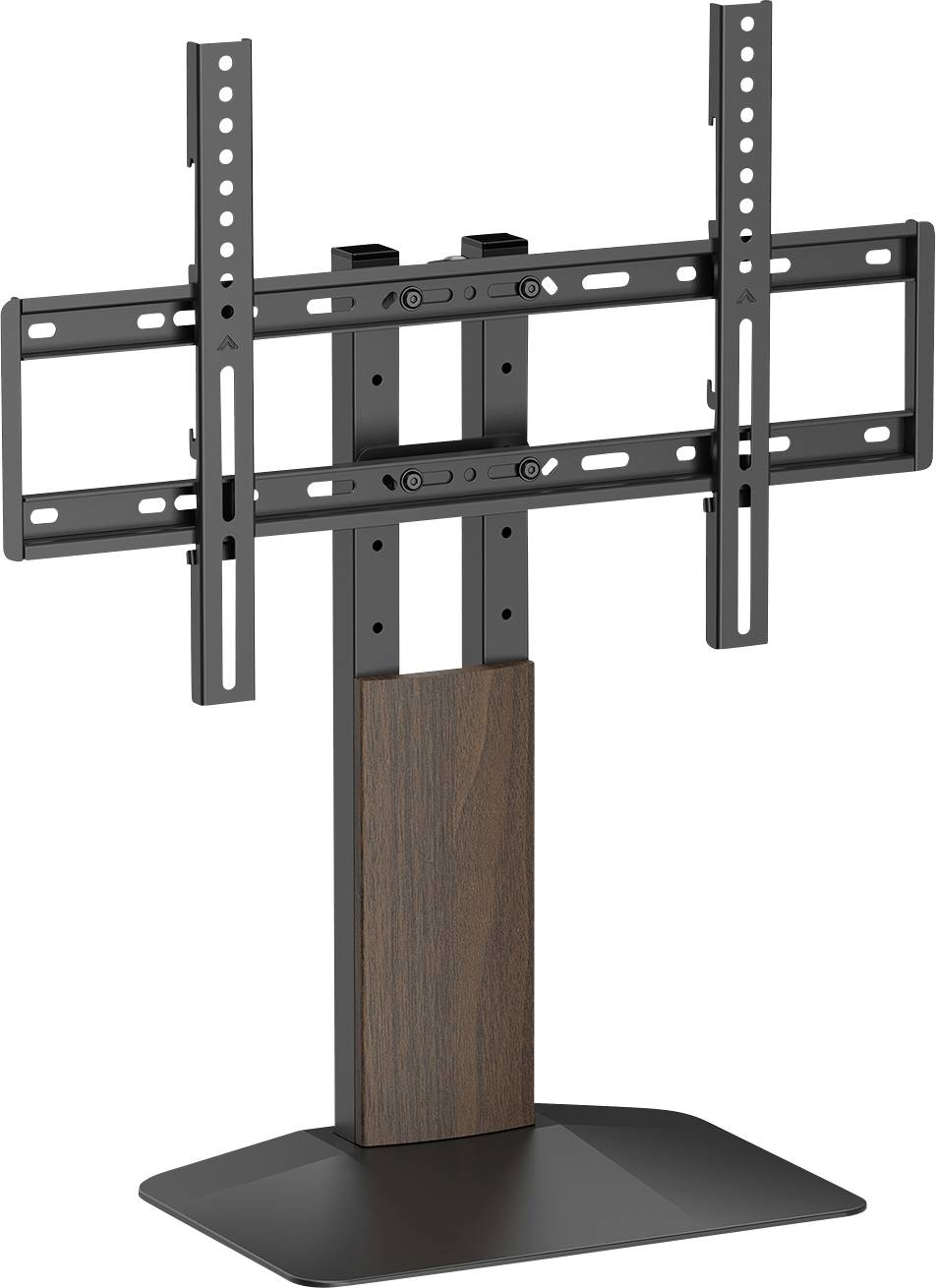 Black adjustable TV stand with dual vertical mounting rails and a wood-finish center column on a flat base.