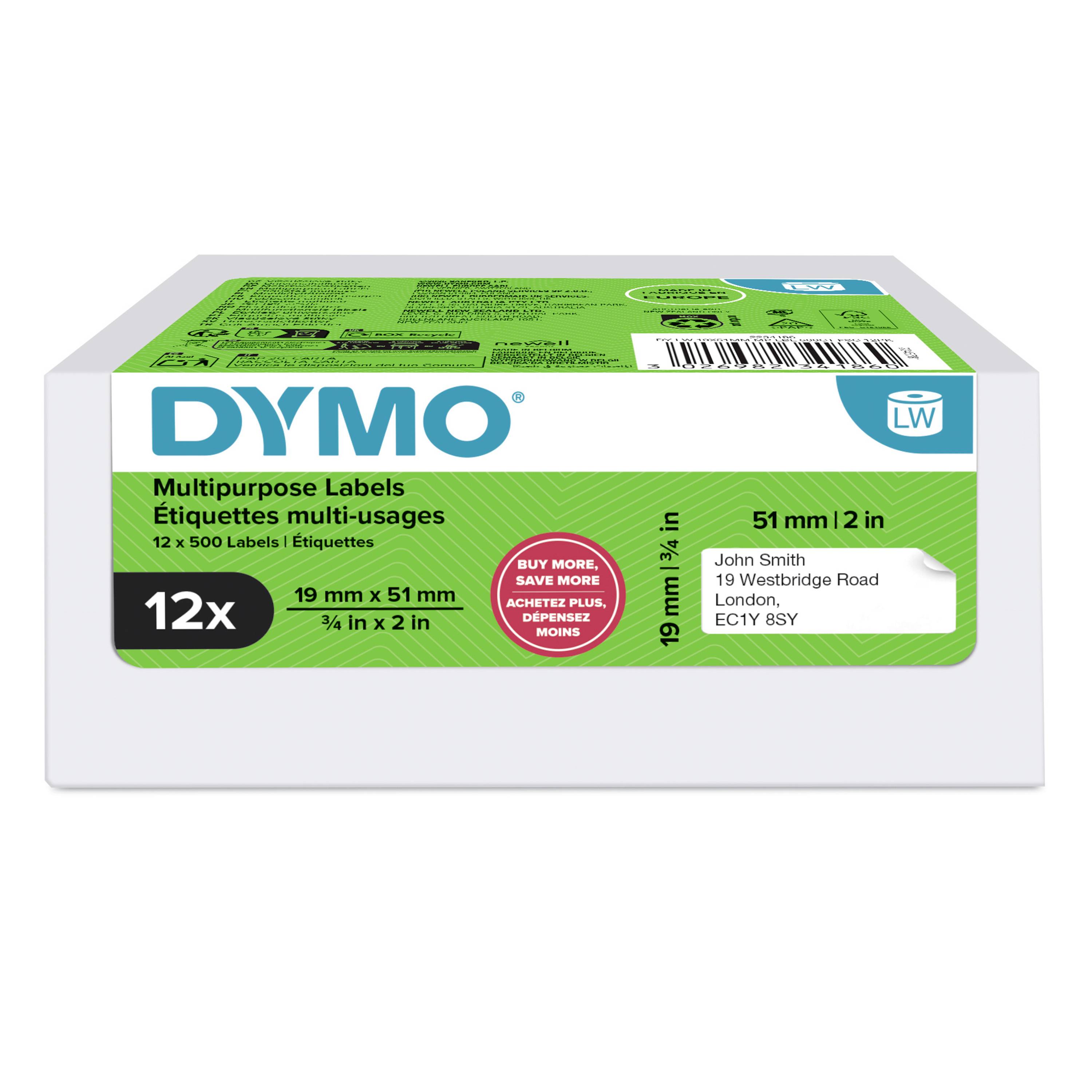 DYMO multipurpose label roll box, 12 rolls of 500 labels, 19 x 51 mm (3/4 x 2 in), white labels.