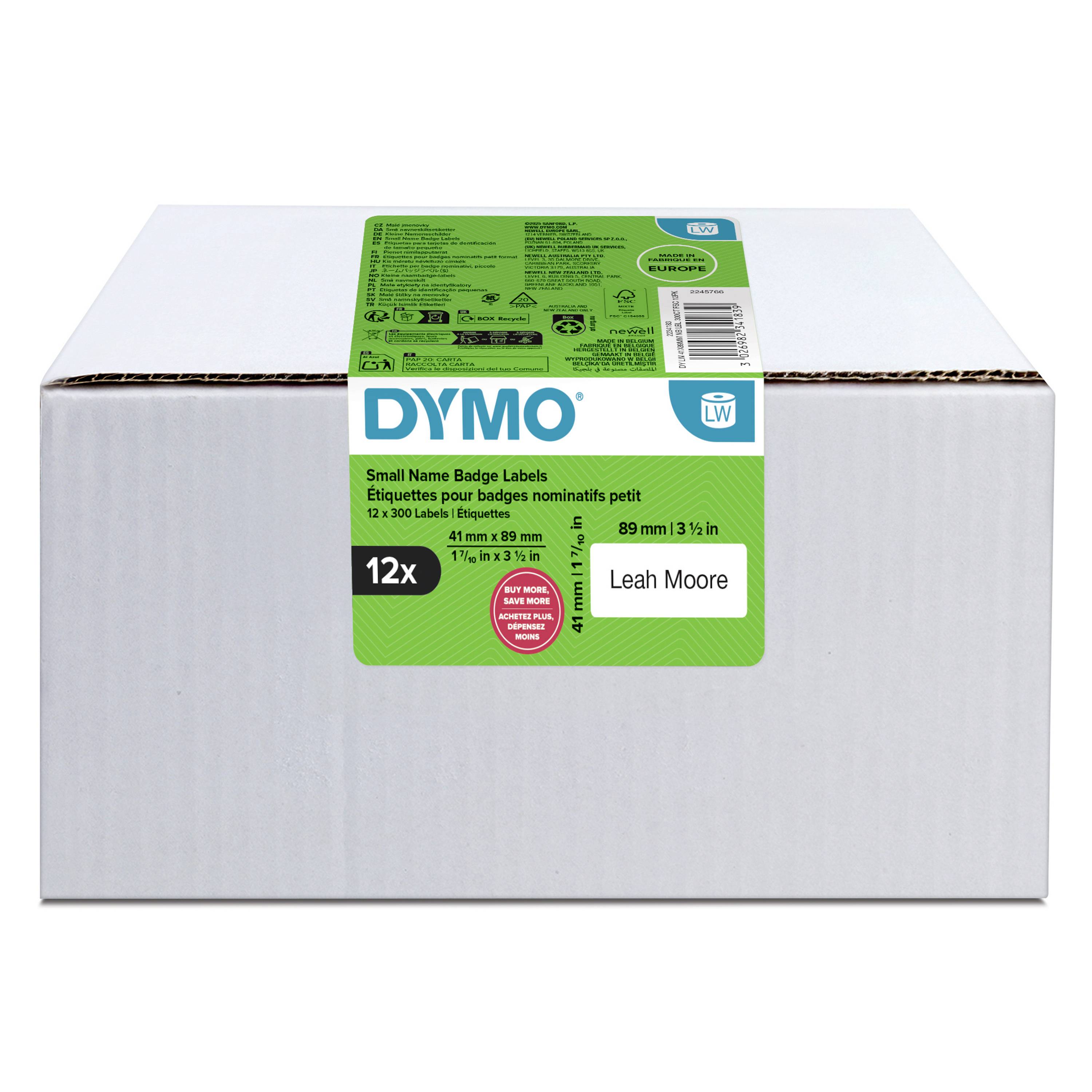 Box of DYMO small name badge labels, 12 count, with a sample label reading 'Leah Moore'.
