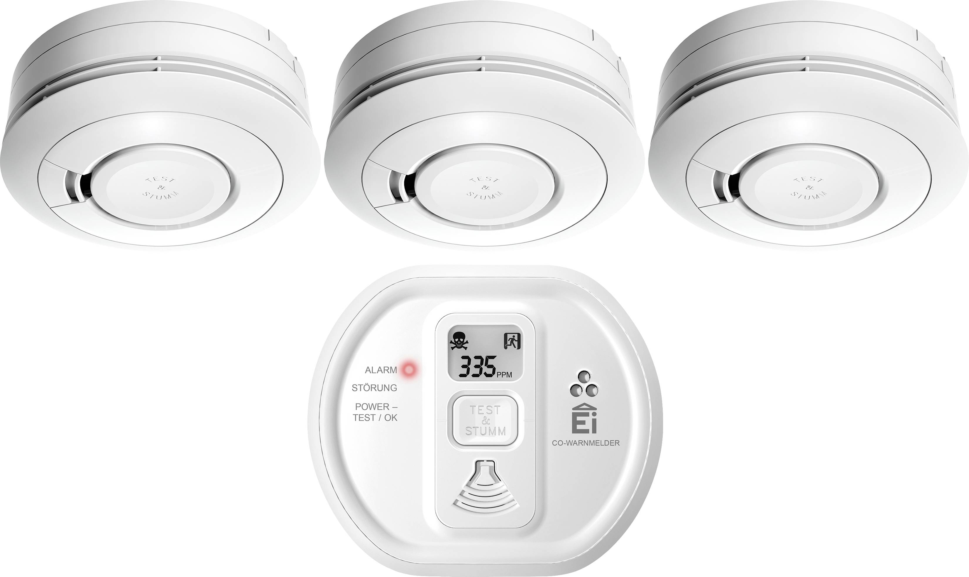 Three white round smoke alarms and one rectangular carbon monoxide alarm with digital display and test/silence button on a white background.