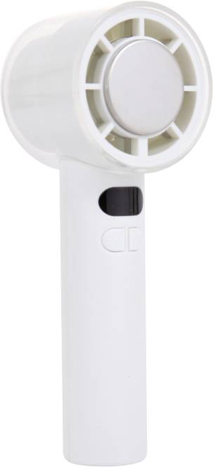 White handheld electronic fan with a round front grille, side power switch, and long handle on a plain white background.