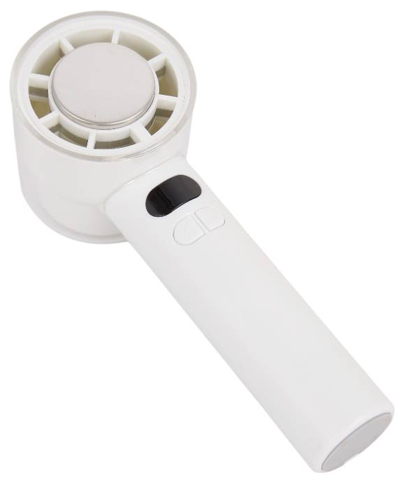Handheld white electric fan or air blower with a round vented head, black switch, and long handle on a white background