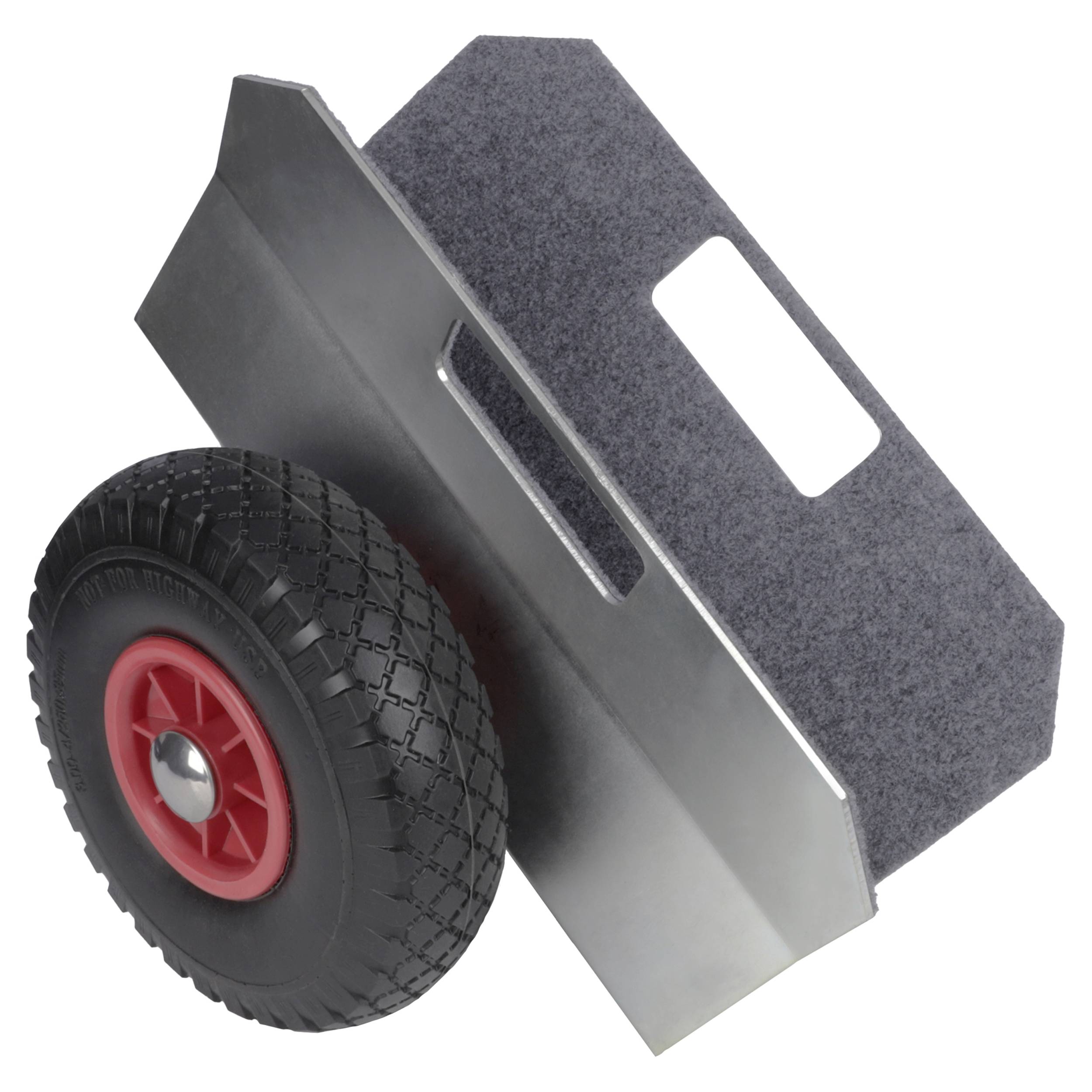 A hand truck dolly with a large black tire and red hub, shown in three-quarter view against a white background.