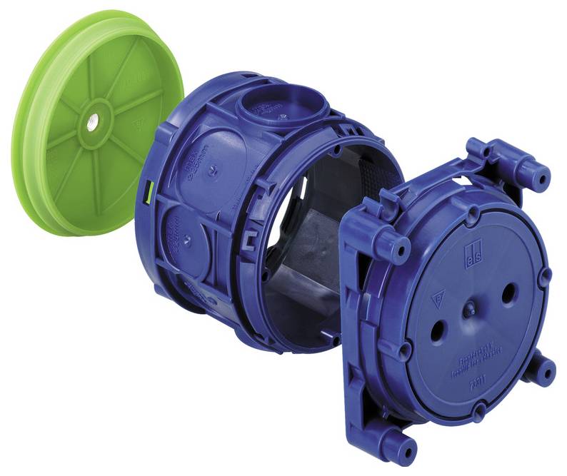Blue electrical junction box with green protective lid, shown exploded to display the cover, housing, and front mounting plate.
