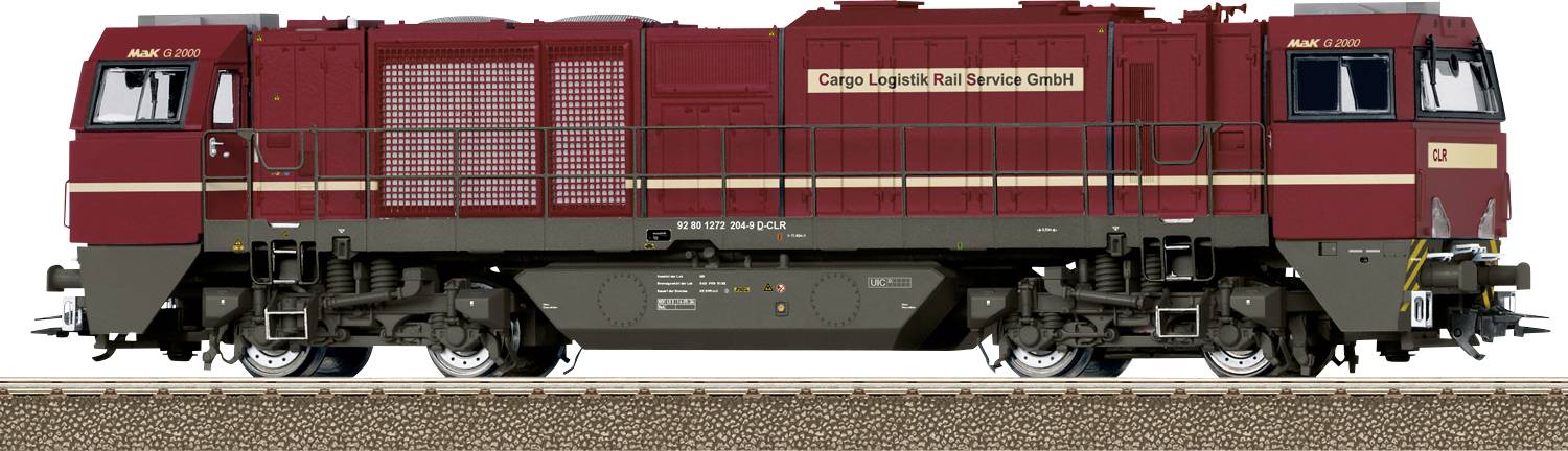 Side view of a red Cargo Logistik Rail Service GmbH diesel locomotive on tracks, with number 92 80 1275 009-5 marked on the body.