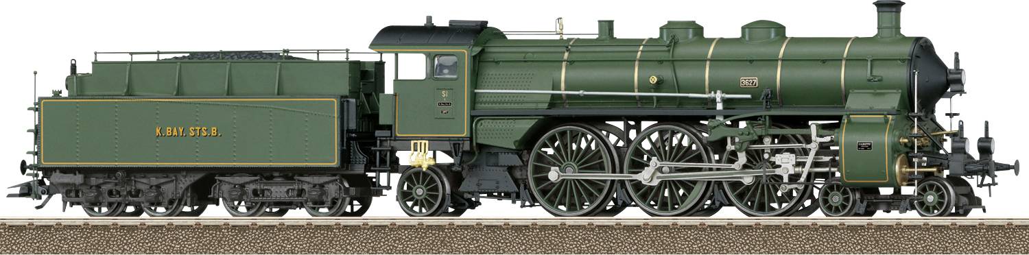 Side view of a dark green steam locomotive with matching tender, shown on a white background.