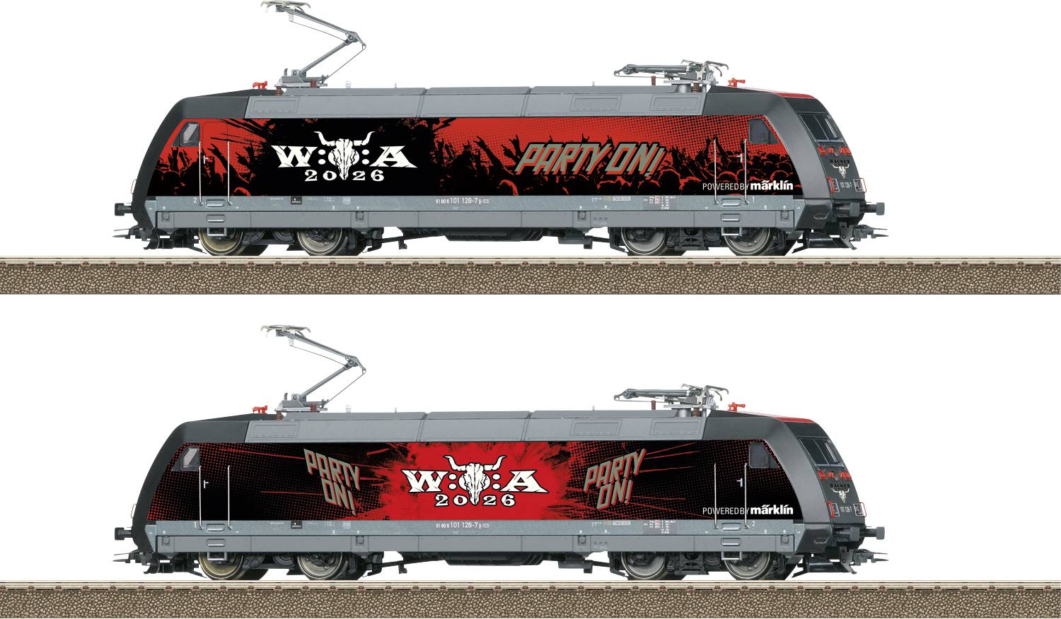 Side-by-side side views of a black and red electric locomotive model with 'W:O:A 2026' and 'Party On!' concert graphics, shown on tracks.