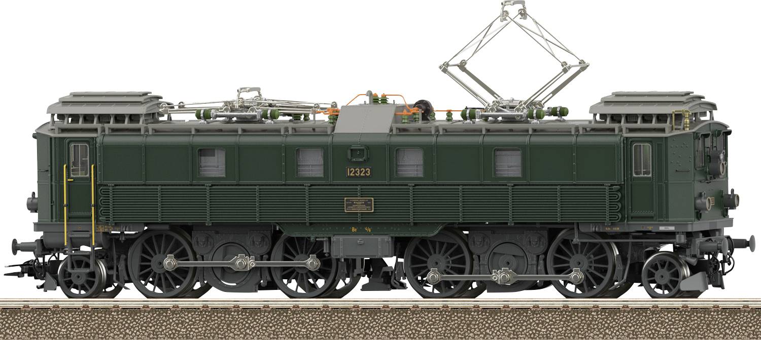Side view of a dark green electric locomotive on tracks, with roof-mounted pantograph raised against a white background.