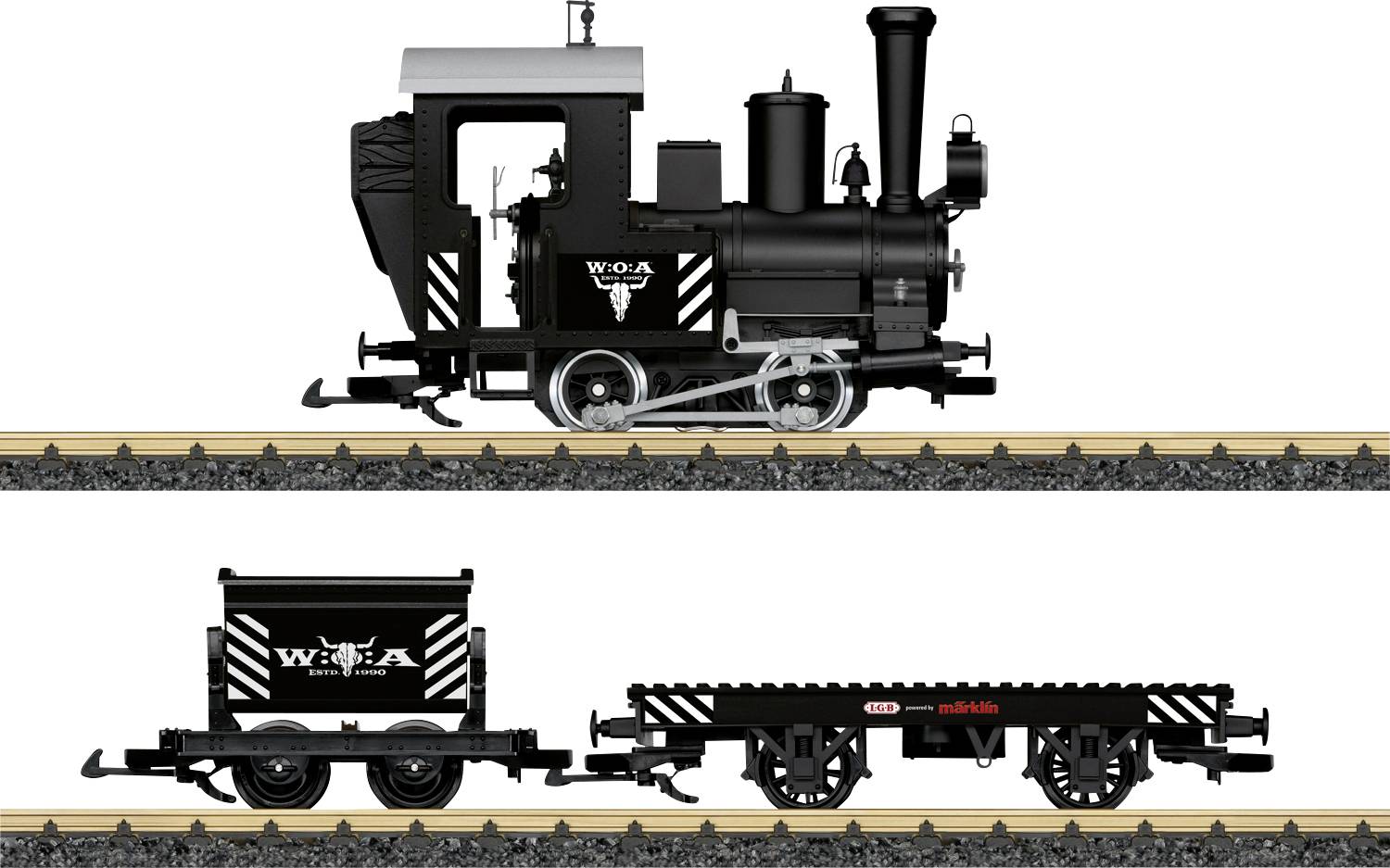 Side-view illustrations of a black steam locomotive with a tender car, shown separately on tracks above and below.