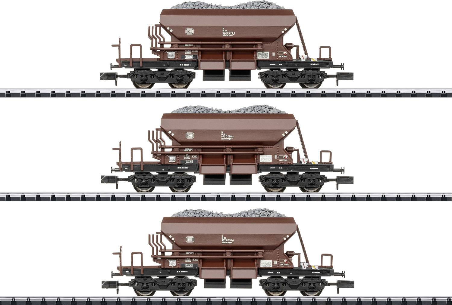 Three side-view photos of a brown hopper railcar loaded with gravel, shown in different configurations on tracks.