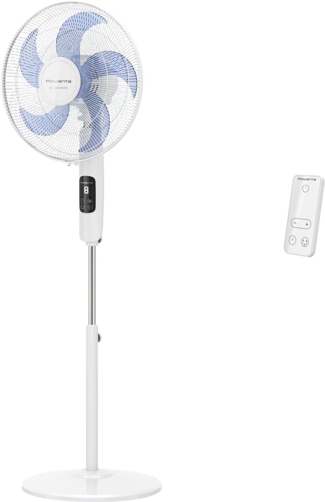 White pedestal fan with blue blades and remote control on a plain white background.