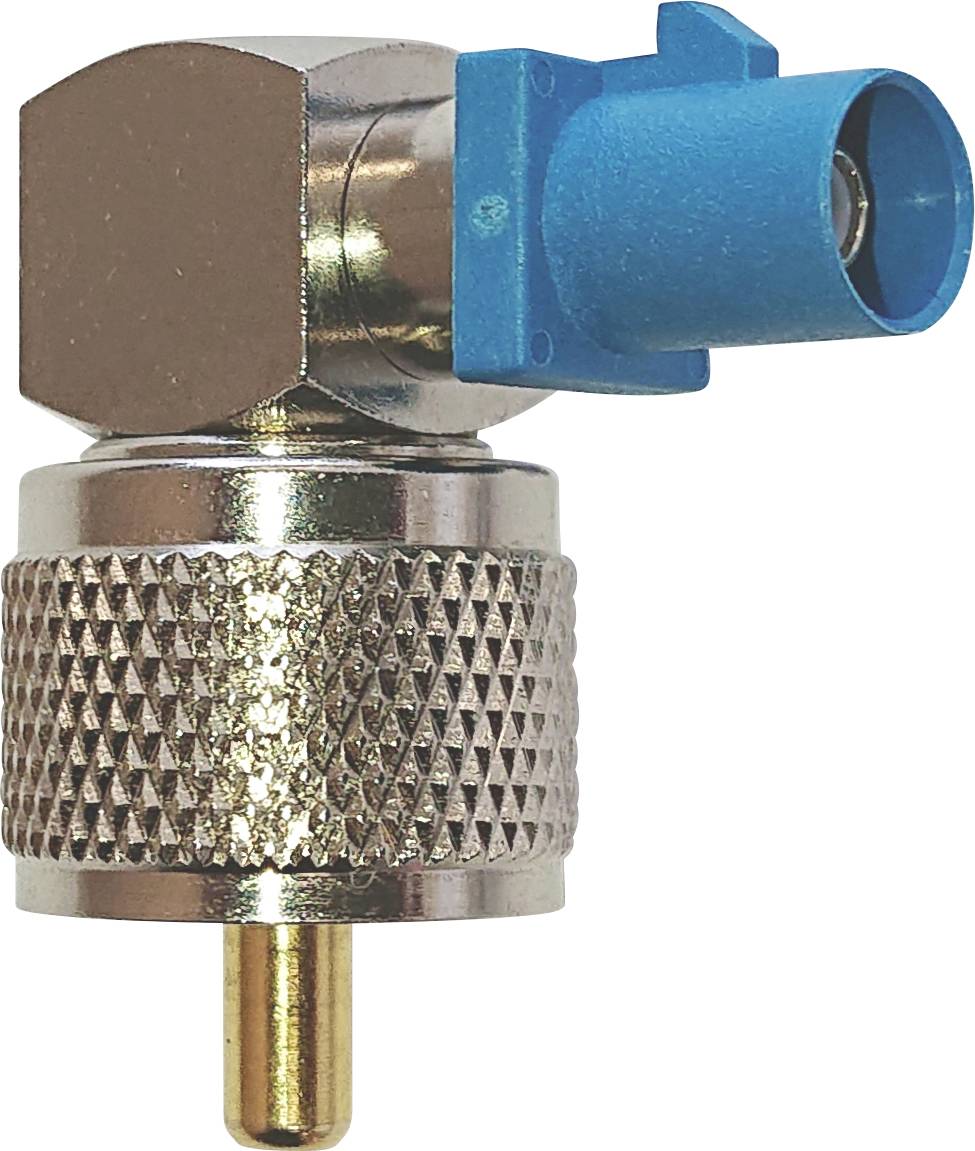 Close-up of a right-angle coaxial cable connector with a blue plastic end and knurled metal body on a white background.