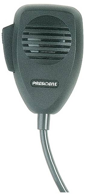 Close-up of a President-branded black wired microphone with a circular grille and attached cable.