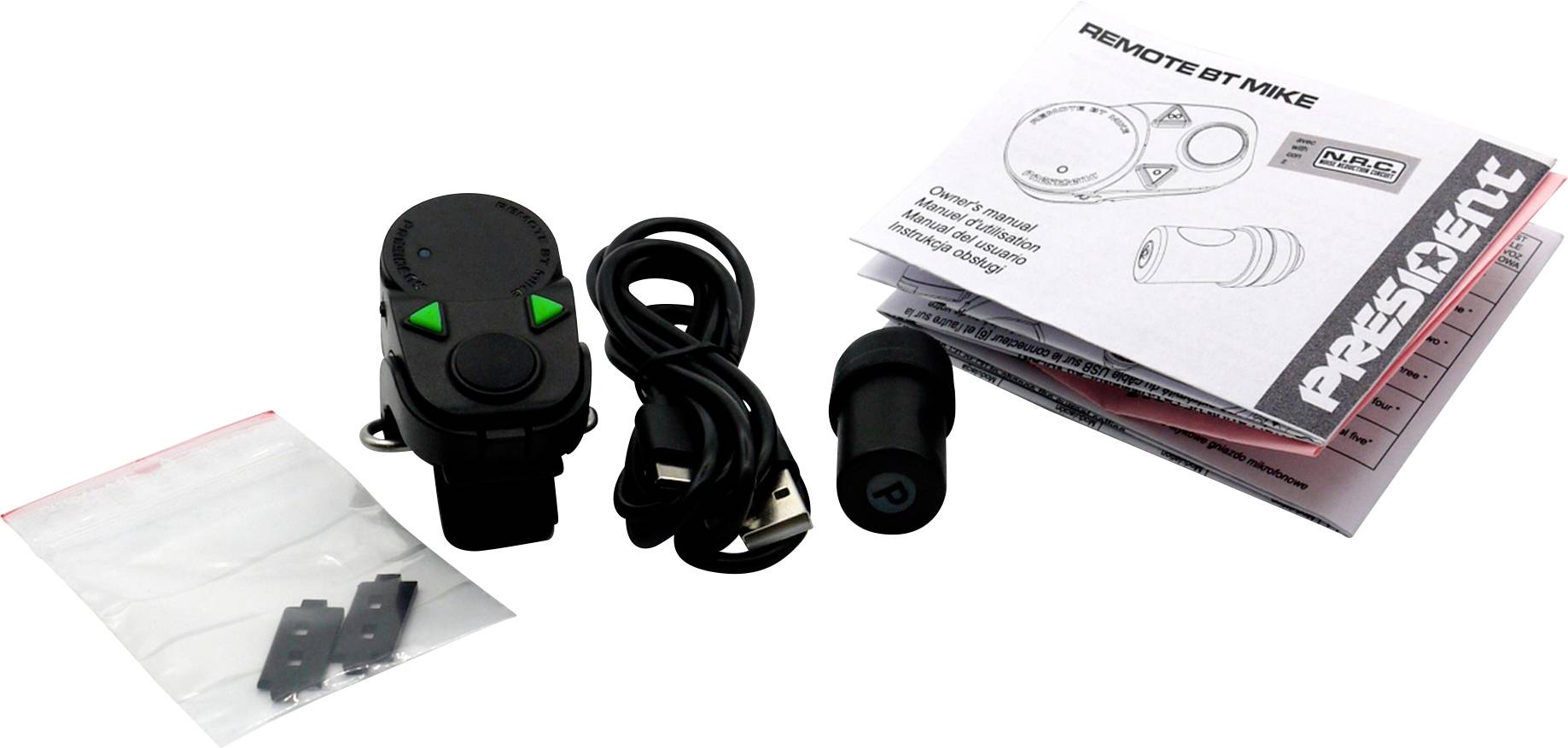 Remote Bt mic kit with black control unit, cable, clip-on mic, small parts bag, and instruction manual on a white background.