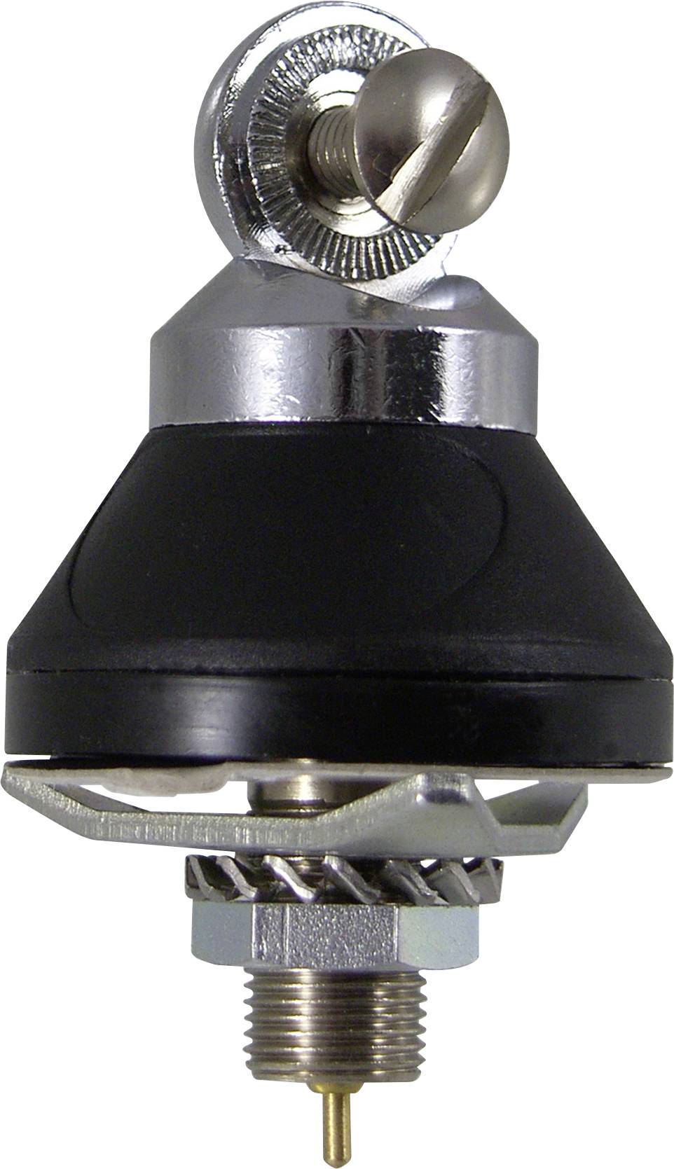 Close-up of a metal mechanical connector or sensor with threaded base, black housing, and angled adjustment screw on a white background.