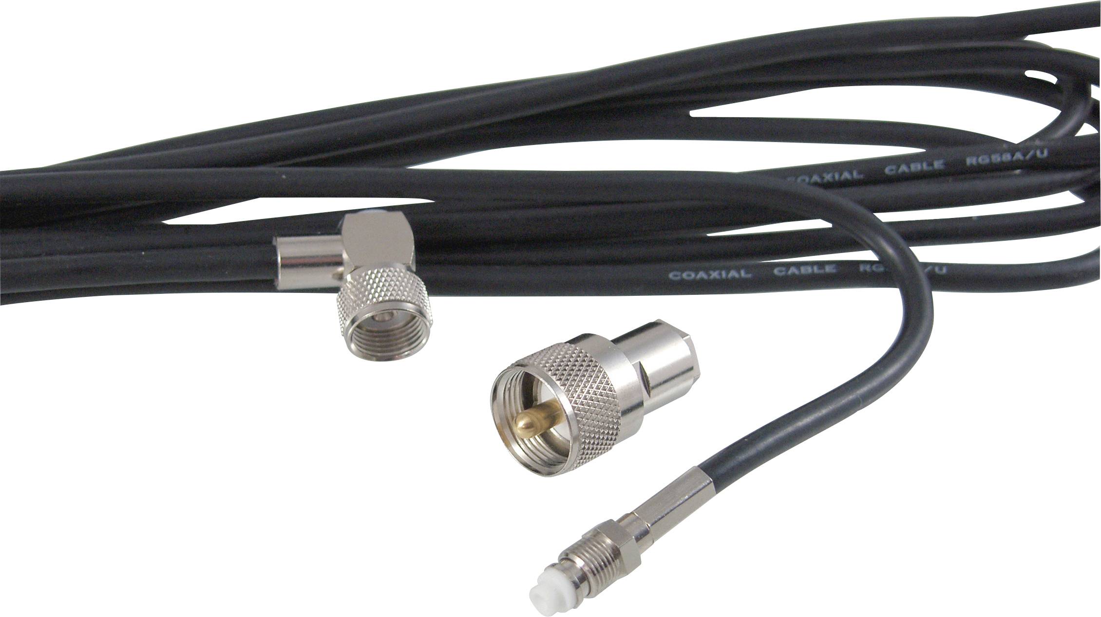 Coaxial cable with two metal F-type connectors and one smaller threaded connector on a white background.