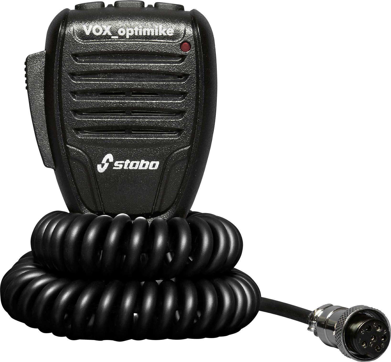 Black handheld VOX Optimike Stabo radio microphone with coiled cord and connector plug on a white background