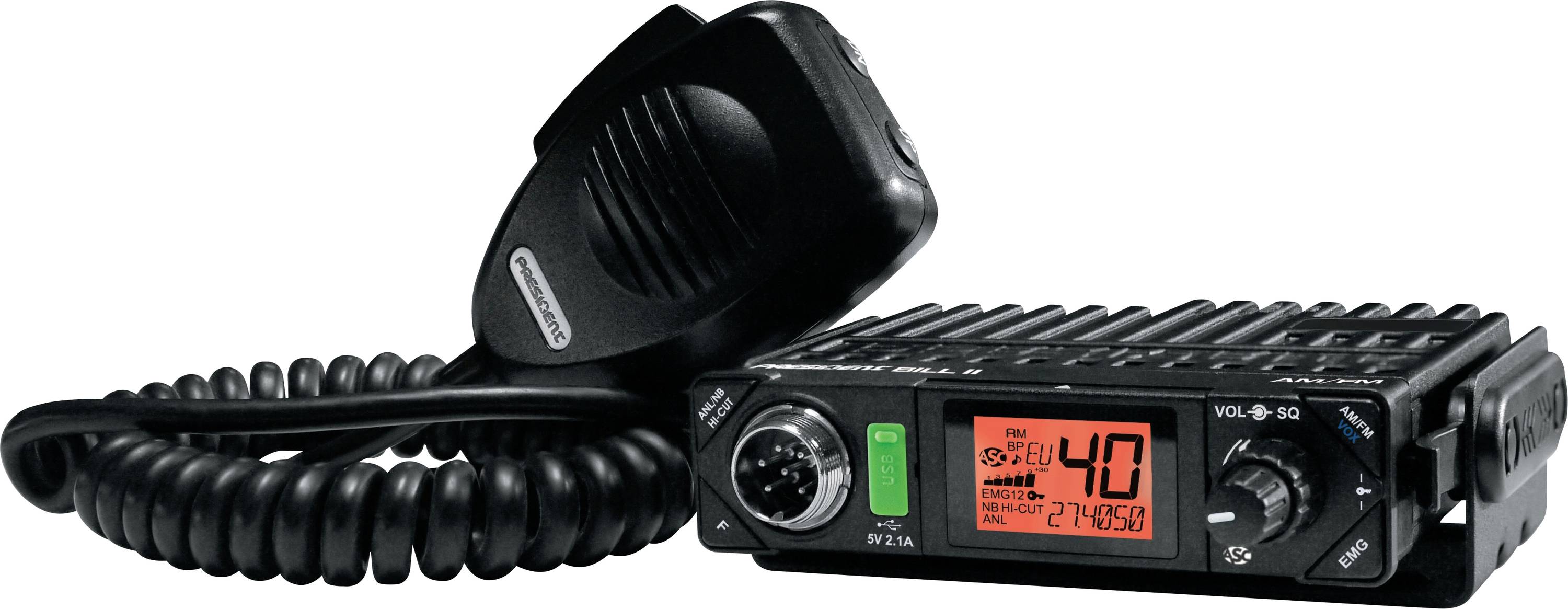 Black CB radio transceiver with coiled microphone cable, orange display reading 40, and knobs for volume and squelch.