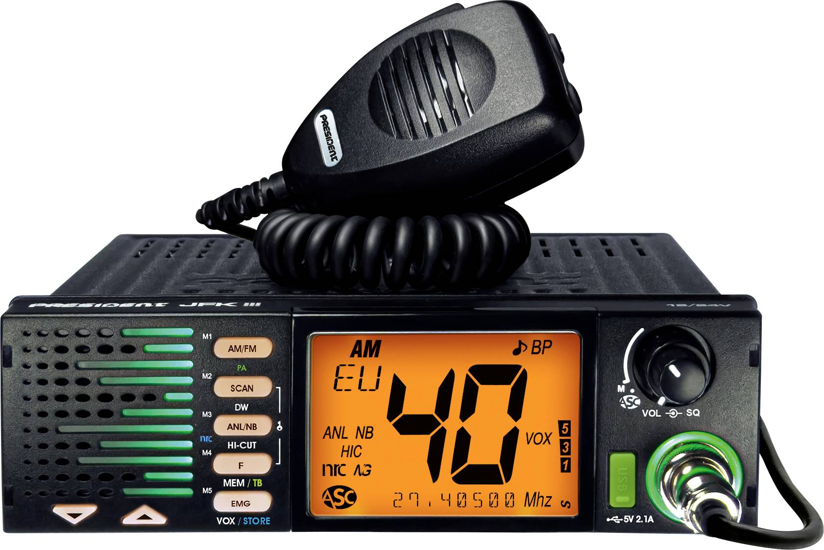 CB radio transceiver with handheld microphone, orange digital display, tuning knob, and illuminated control panel.