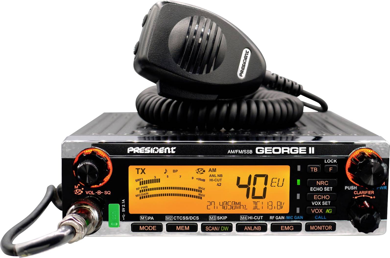 Cobra President George II CB radio transceiver with microphone, orange display showing channel 40 and controls on the front panel.