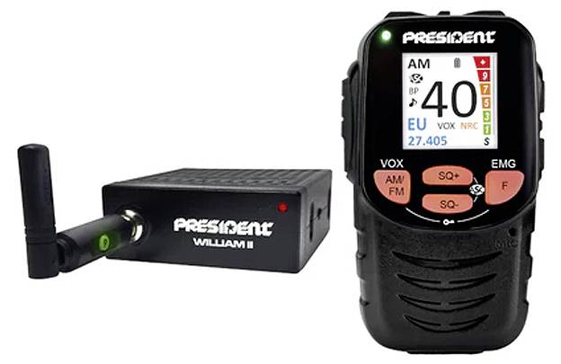 Wireless CB radio set with a black President William II base unit and handheld transceiver showing channel 40 on a white background.