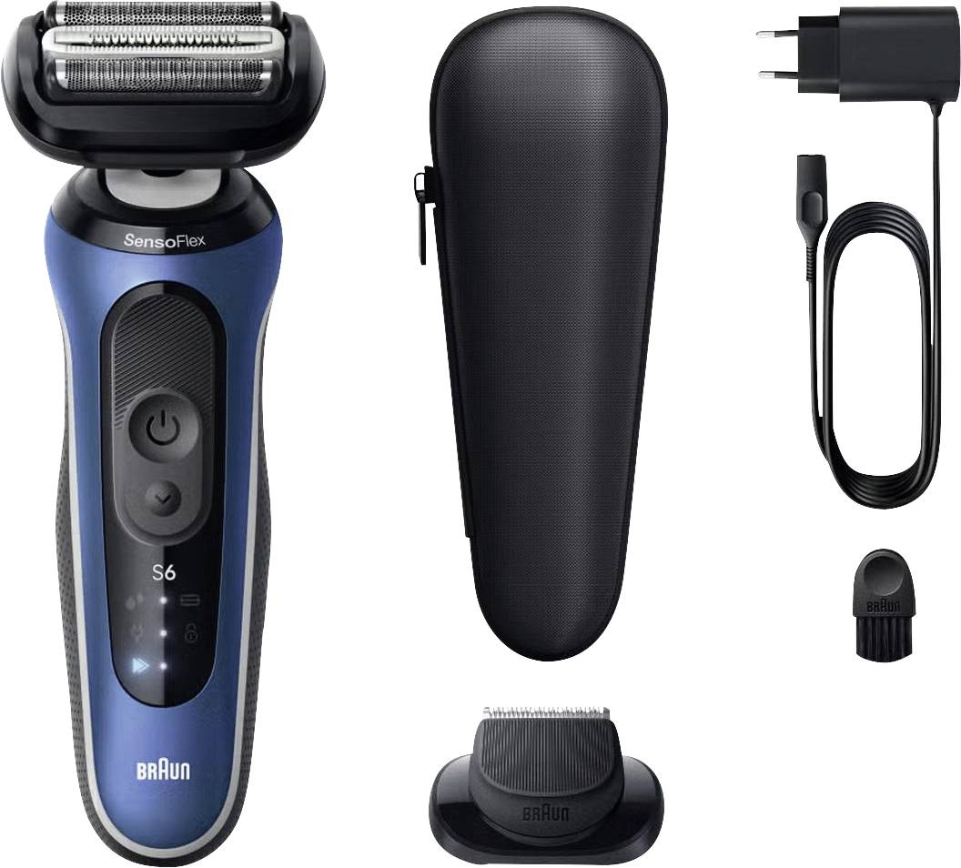 Braun SensoFlex electric shaver shown with charging cord, travel case, and cleaning brush on a white background.