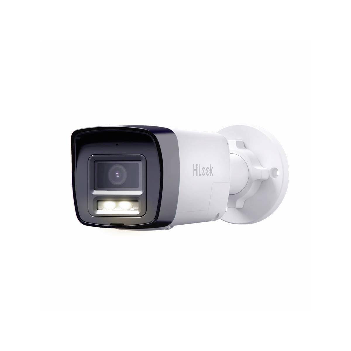 White Hikvision security camera with infrared light, shown on a wall mount against a plain background.