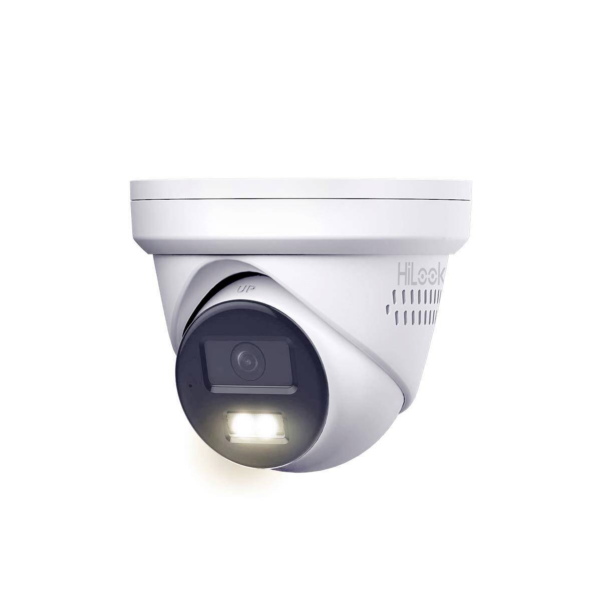 White HiLook security dome camera with visible lens and built-in light, isolated on a plain background.