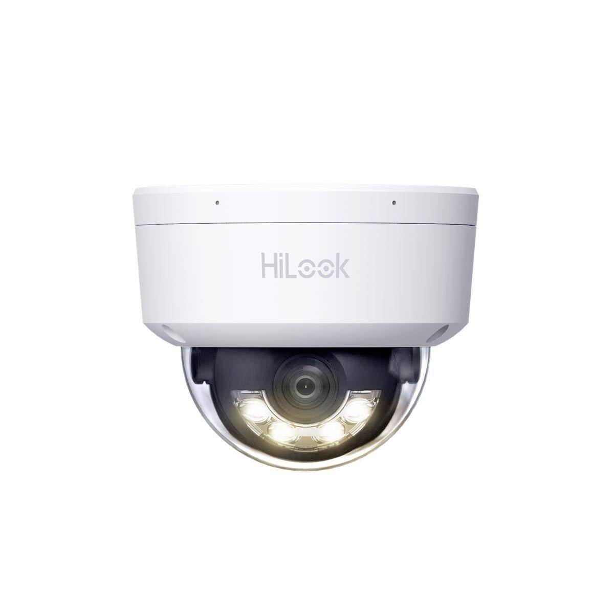 White HiLook dome security camera with built-in LED lights, shown front view on a plain white background.