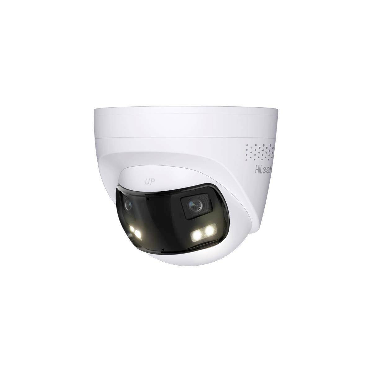 White dome security camera with dark lens cover and visible indicator lights, shown isolated on a plain background.