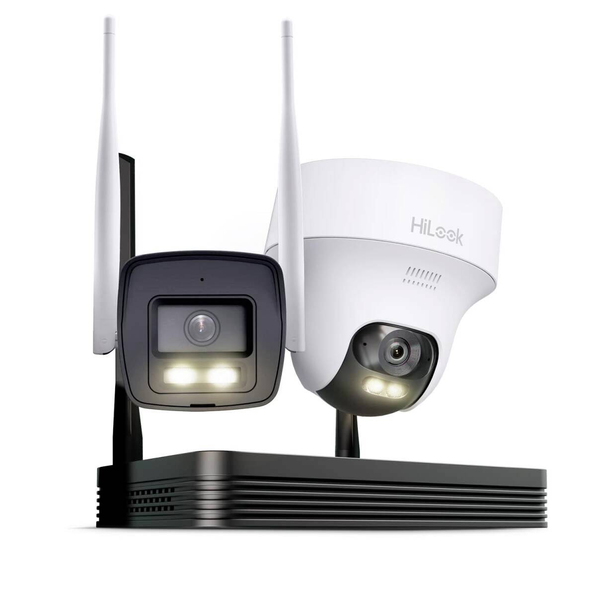Two wireless security cameras with antennas on a black base, one black and one white HILook model, both with built-in lights.