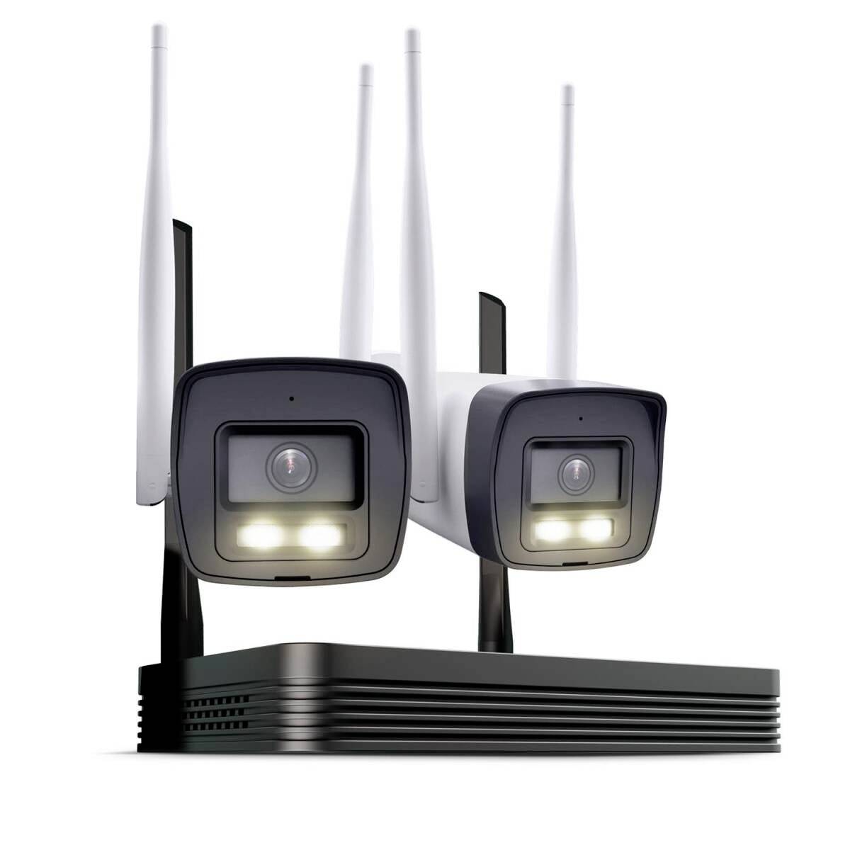 Two black wireless security cameras with antennas and lit LEDs on a base, shown on a white background.
