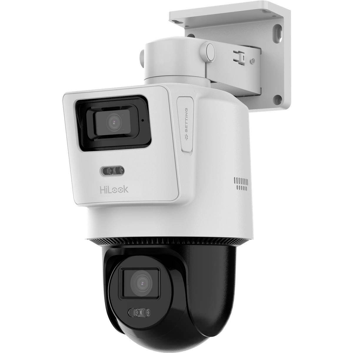 Wall-mounted dual-lens security camera, with a white fixed camera above and a black pan-tilt dome camera below.